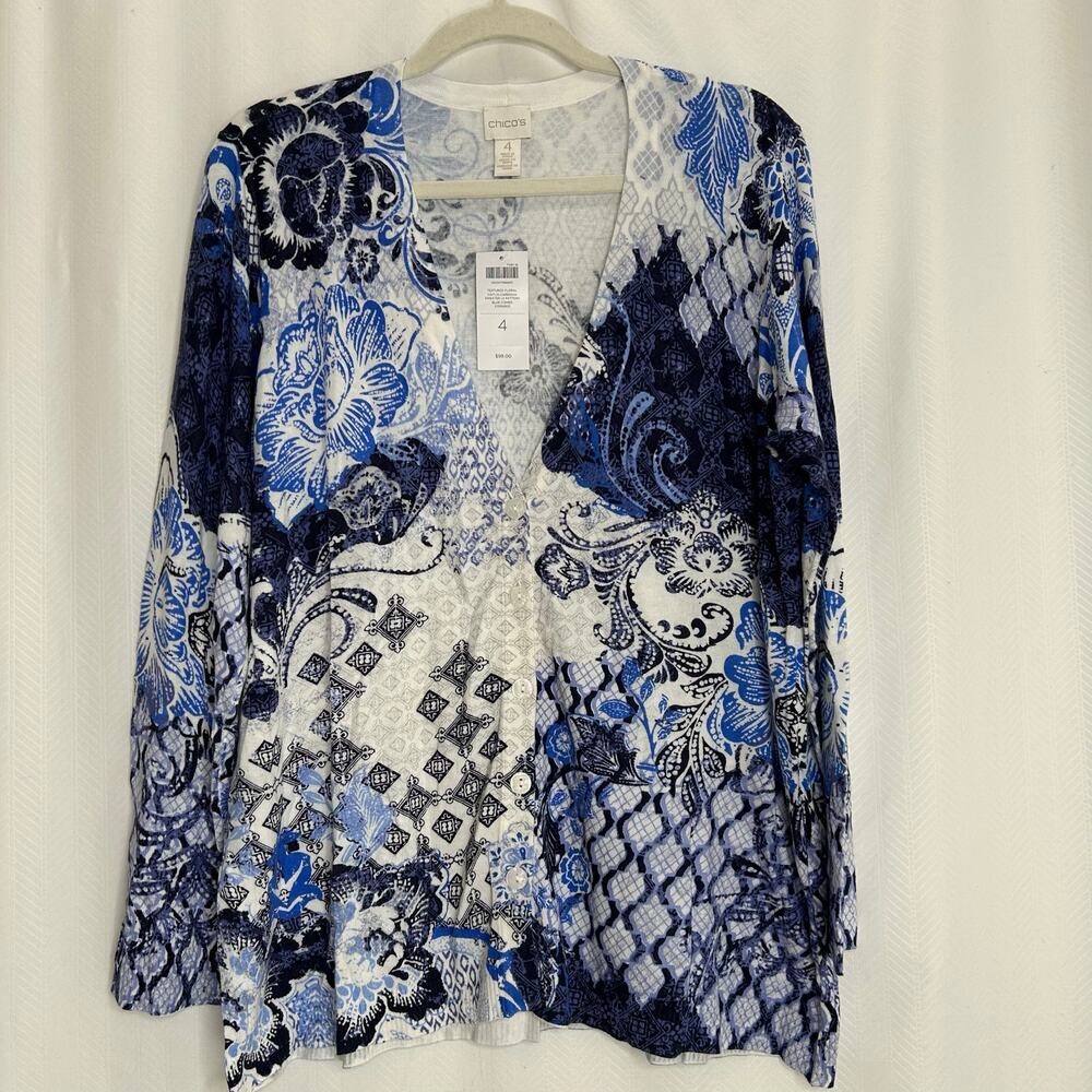 Chicos womans Caitlin cardigan XL blue floral spring garden fairy button up